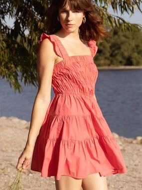 Greylin Pria Smocked Poplin Mini Dress In Coral Punch Size XS